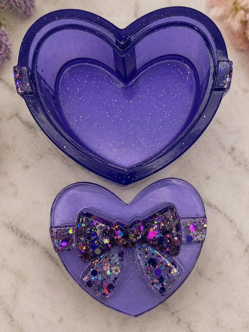 Purple Heart Tray and Jar Set, Hummingbird Resin Organizer, Feminine Shimmer